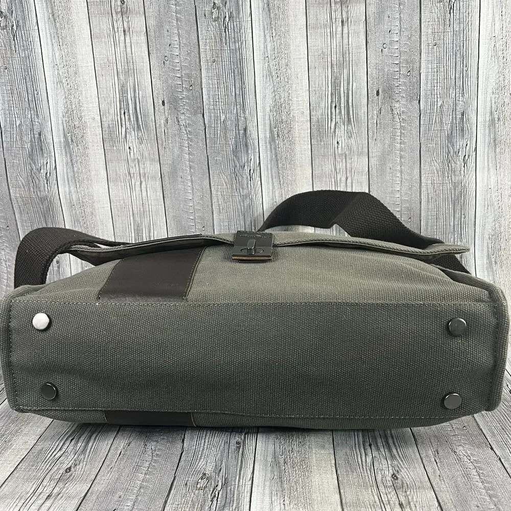 Pottery Barn Messenger Laptop Bag Bradley Leather & Canvas Taupe & Olive Bag